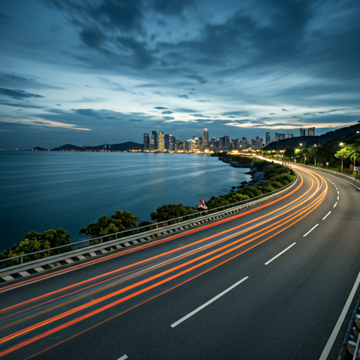 Singapore road and skyline at dusk